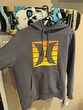 Hurley Gray Pullover Hoodie with Orange and Yellow Logo